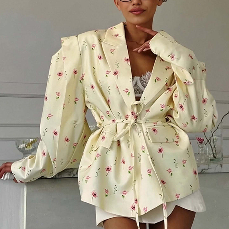 Chaqueta ligera de mujer para primavera con escote en V, cierre de lazada y mangas largas