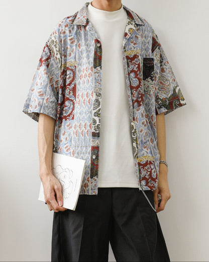 Camicia Estiva Uomo Stile Retrò con Stampa Floreale, Colletto Squadrato e Maniche Corte – Cotton Blend