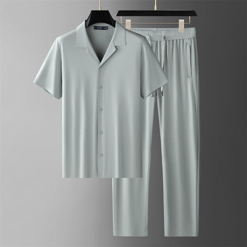 Conjunto de verano para hombre con camisa de manga corta y pantalones a juego – Casual con sensación de seda