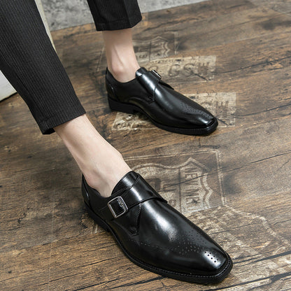 Men's Elegant Brown Faux-Leather Shoes with Metal Buckle and Brogue Details.