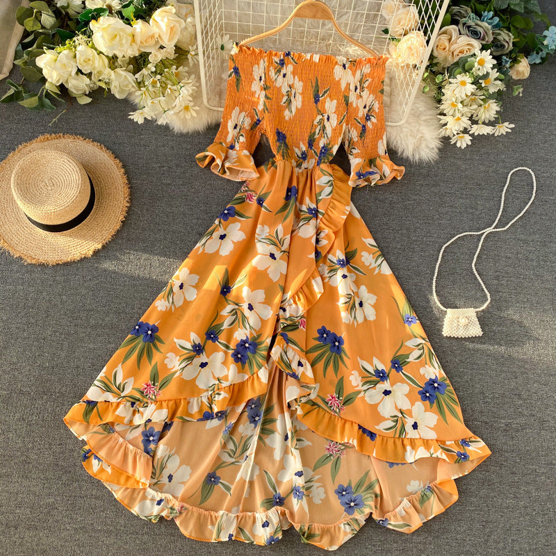 Abito Midi Donna con Spalle Scoperte, Maniche Corte e Volant – Stile Estivo