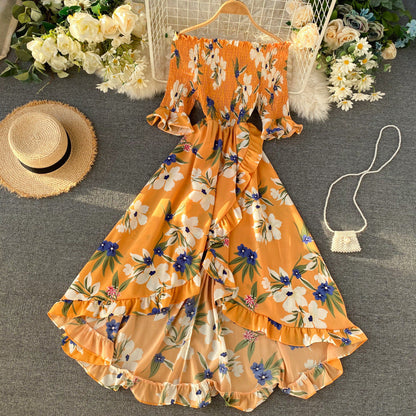 Abito Midi Donna con Spalle Scoperte, Maniche Corte e Volant – Stile Estivo