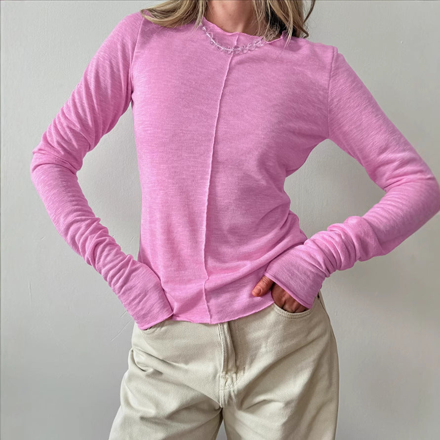 Women's Long Sleeve T-Shirt with Round Neck and Pleated Detail