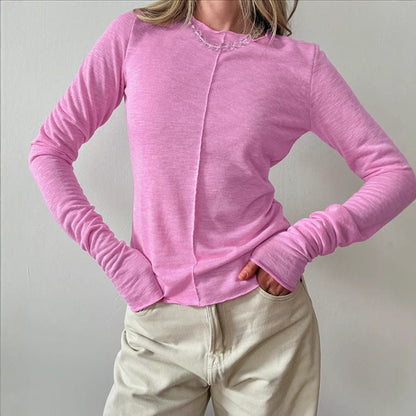 Women's Long Sleeve T-Shirt with Round Neck and Pleated Detail