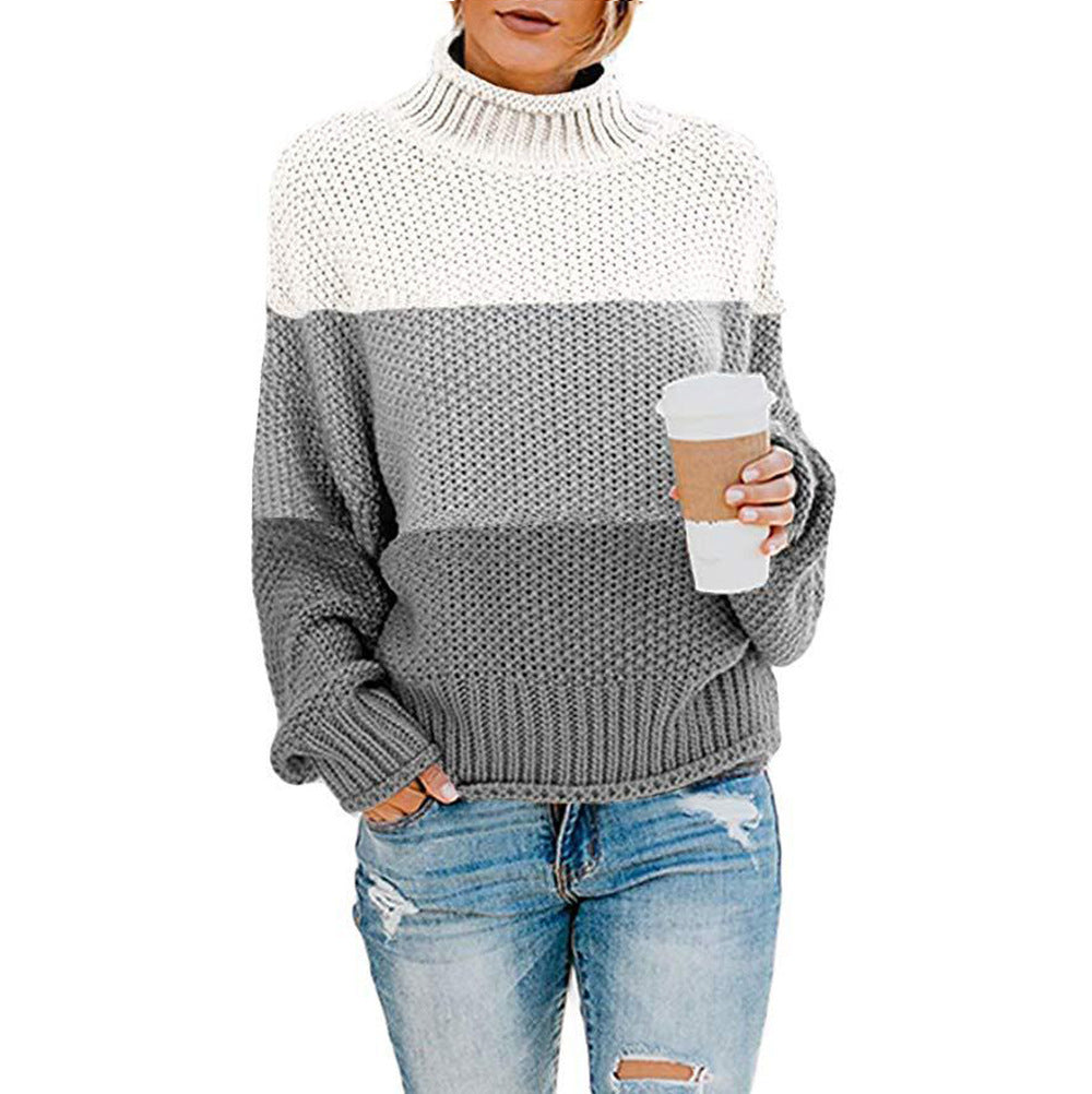 Maglione Pullover Donna a Collo Alto con Maniche Lunghe e Motivo a Blocchi di Colore