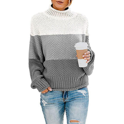 Maglione Pullover Donna a Collo Alto con Maniche Lunghe e Motivo a Blocchi di Colore