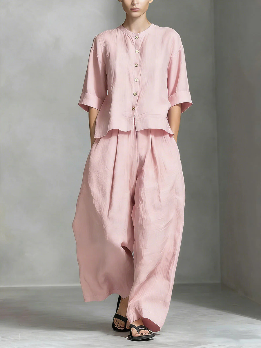 Two-Piece Women's Set in Cotton and Linen Shirt Style and Wide-Fit Long Pants