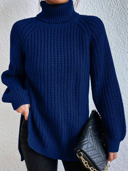 Maglione Donna con Collo Alto, Maniche Raglan e Spacco Laterale – Stile Versatile