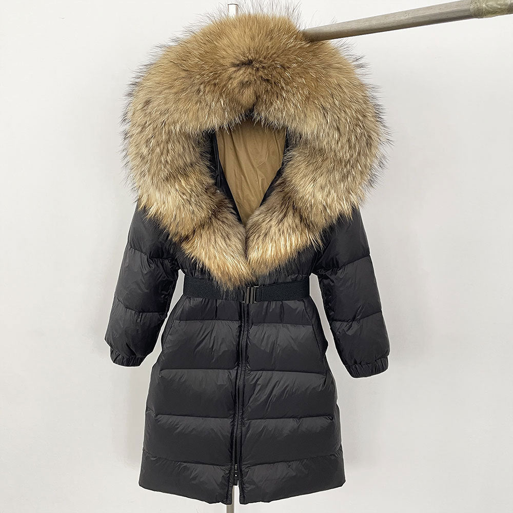 Women's Winter Coat with Long Hood and Removable Fur Collar