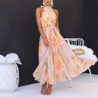 Vestido largo de mujer estilo vacaciones sin mangas con estampado y espalda descubierta – mezcla de poliéster