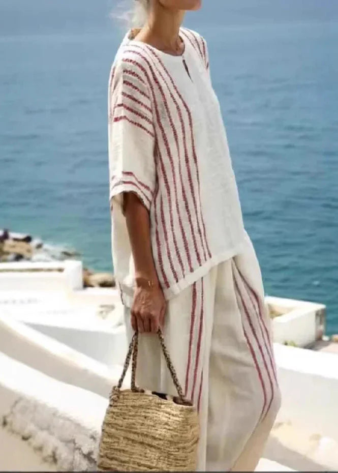 Women's Summer Two-Piece Set Linen Blend with Sleeveless Striped Top and Comfortable Pants