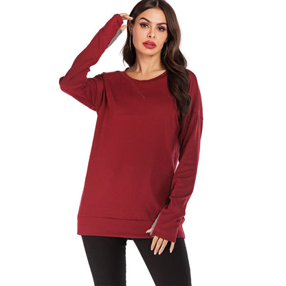 Jersey de mujer de manga larga con cuello redondo, ajuste holgado y color liso