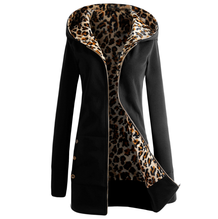 Chaqueta de invierno para mujer con capucha, estampado de leopardo y forro grueso