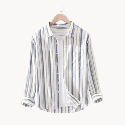 Men’s striped button-up shirt with a relaxed fit and chest pocket.