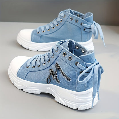Women's Sneakers with Platform, Raised Sole, Front Lacing, and Side Zip