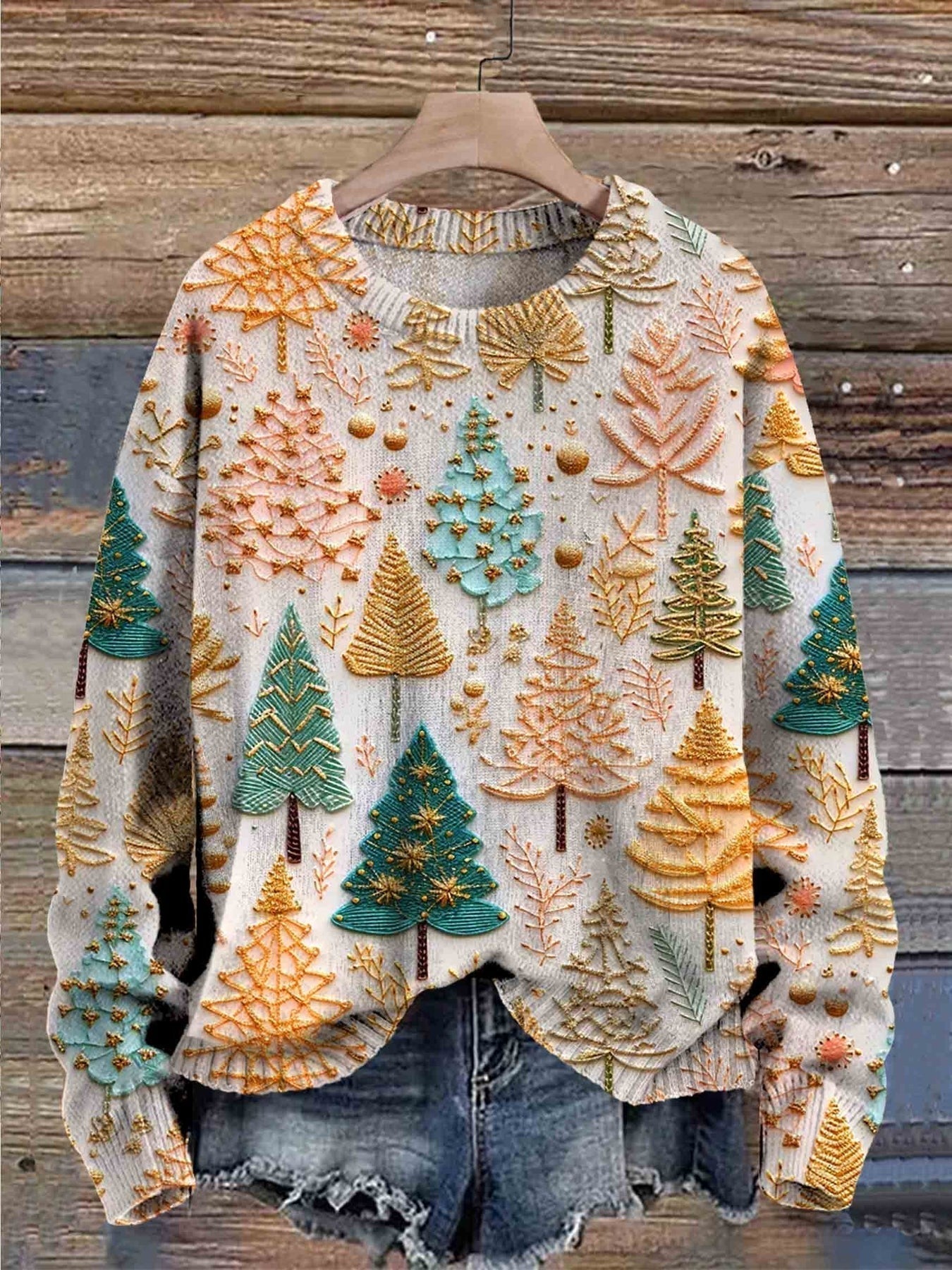 Maglione Donna Natalizio con Motivo Albero, Girocollo e Maniche Lunghe – Stile Festivo