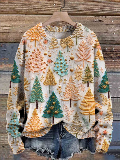 Maglione Donna Natalizio con Motivo Albero, Girocollo e Maniche Lunghe – Stile Festivo
