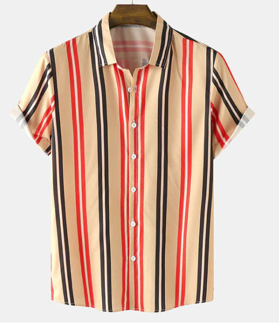 Camicia Uomo a Maniche Corte con Stampa Digitale 3D a Righe e Colletto Ribaltabile – Vestibilità Ampia