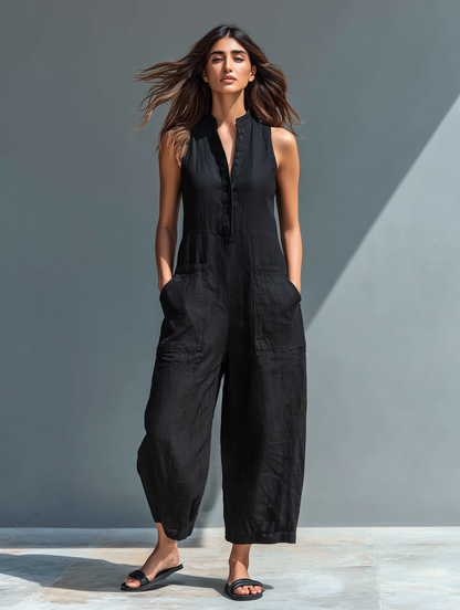 Women's Sleeveless Jumpsuit with Mandarin Collar and Front Buttons – Comfortable Fit