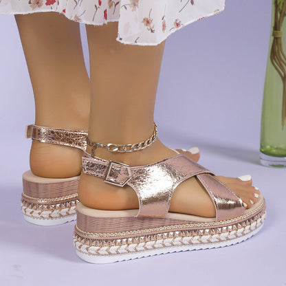 Women's Wedge Platform Sandals, Open Toe and Buckle – Casual Sandals