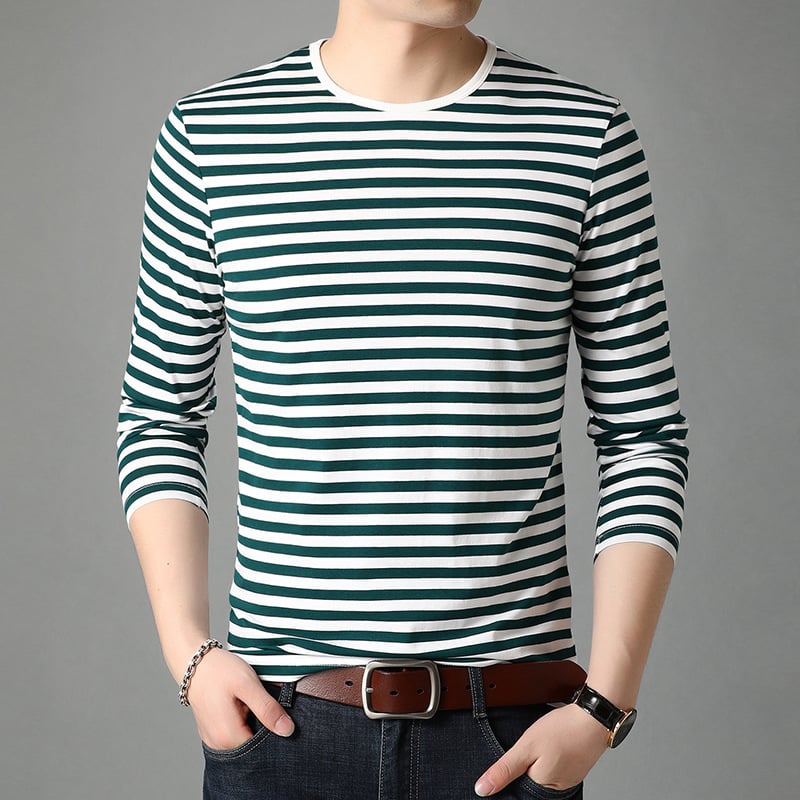 Men's Long Sleeve Shirt with Round Neck and Striped Pattern
