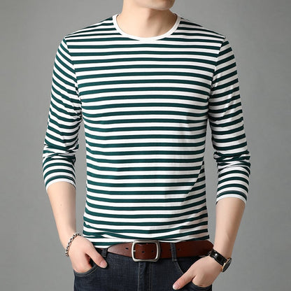 Men's Long Sleeve Shirt with Round Neck and Striped Pattern