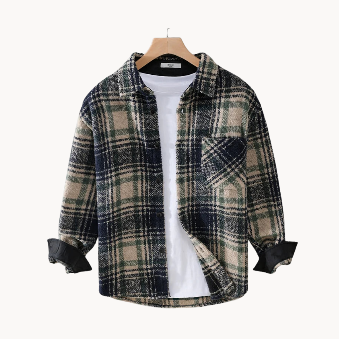 Men’s fall flannel plaid shirt, comfortable fit, and chest pocket.
