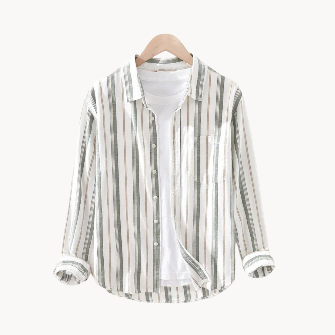 Men’s striped button-up shirt with a relaxed fit and chest pocket.