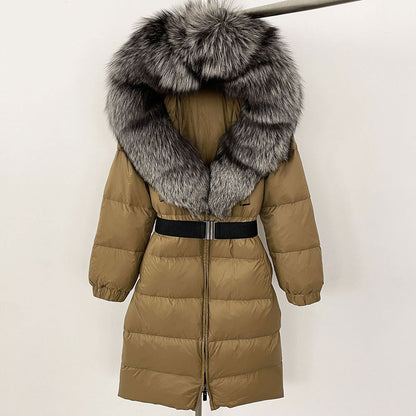 Women's Winter Coat with Long Hood and Removable Fur Collar