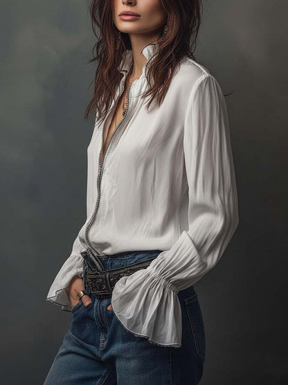 Women's Blouse with Zip Closure, Convertible Neckline, and Ruffled Cuffs – Cotton Style