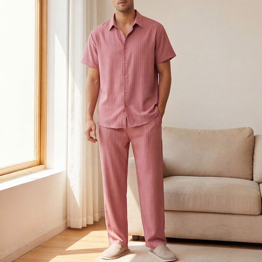 Men's Two-Piece Striped Suit with Shirt and Long Pants – Loungewear Style