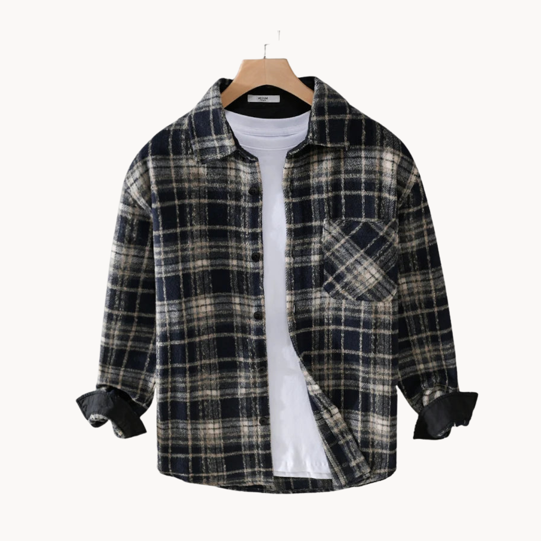 Men’s fall flannel plaid shirt, comfortable fit, and chest pocket.