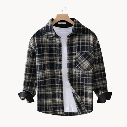 Men’s fall flannel plaid shirt, comfortable fit, and chest pocket.