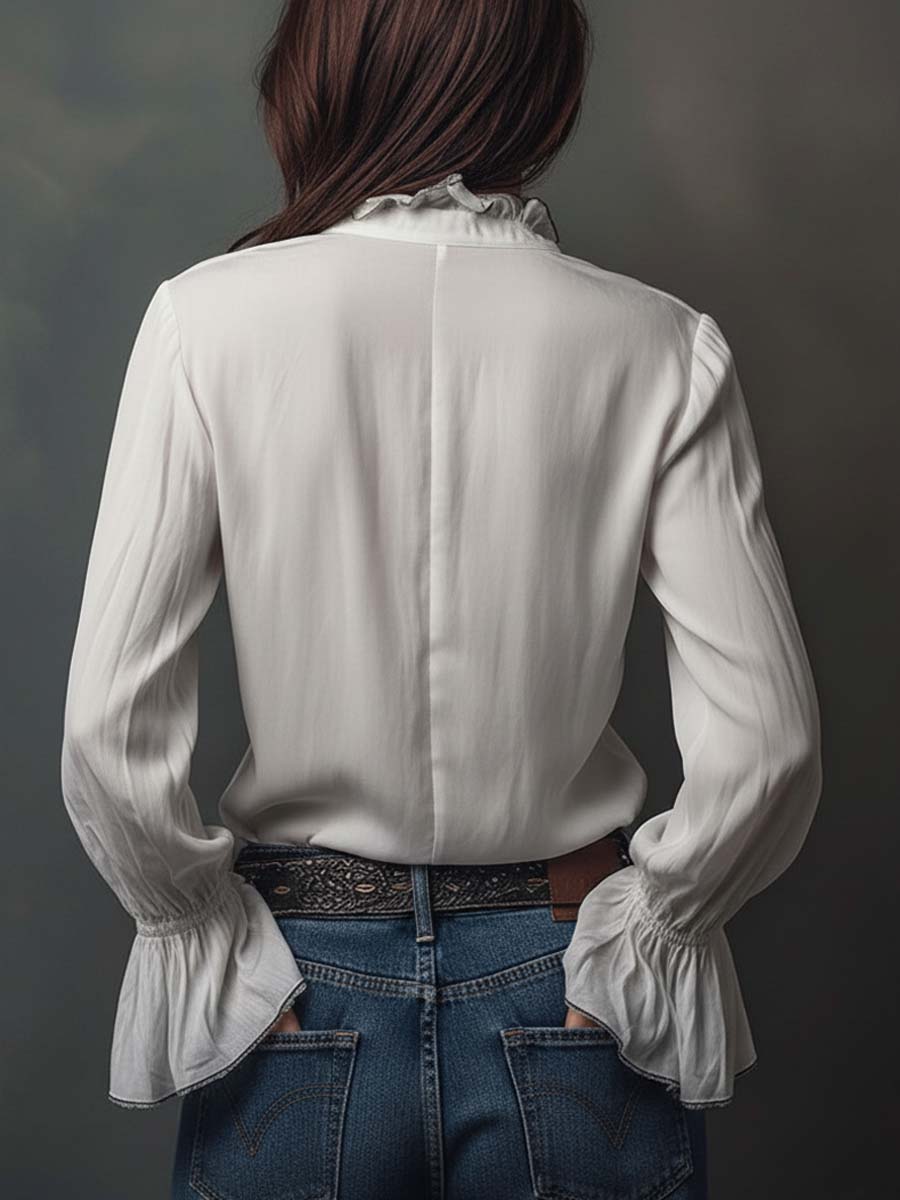 Women's Blouse with Zip Closure, Convertible Neckline, and Ruffled Cuffs – Cotton Style