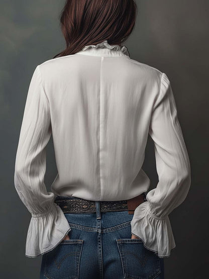 Women's Blouse with Zip Closure, Convertible Neckline, and Ruffled Cuffs – Cotton Style