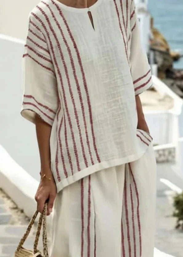 Women's Summer Two-Piece Set Linen Blend with Sleeveless Striped Top and Comfortable Pants