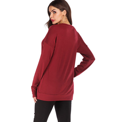 Jersey de mujer de manga larga con cuello redondo, ajuste holgado y color liso
