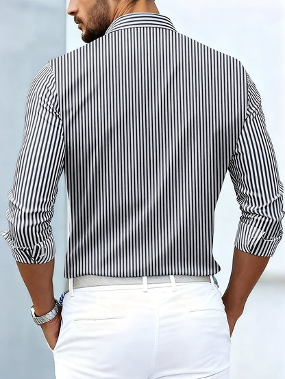 Camisa de hombre a rayas de estilo retro con botones, cuello clásico, corte cómodo y mangas largas.