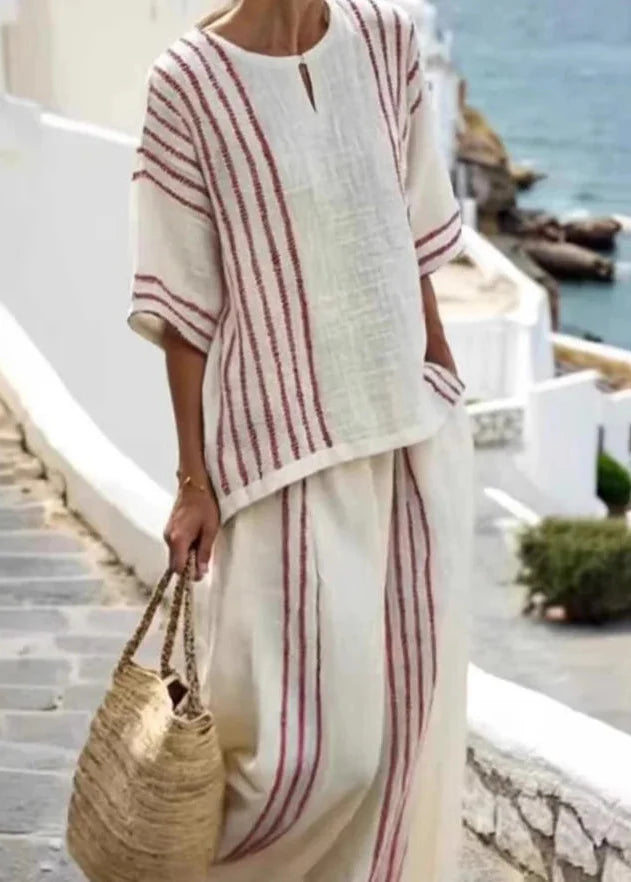 Women's Summer Two-Piece Set Linen Blend with Sleeveless Striped Top and Comfortable Pants