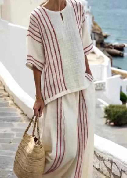 Women's Summer Two-Piece Set Linen Blend with Sleeveless Striped Top and Comfortable Pants