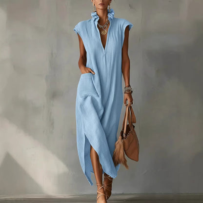 Women's Sleeveless Shirt Dress in Cotton and Linen – Loose Fit, Solid Color, Mid Length