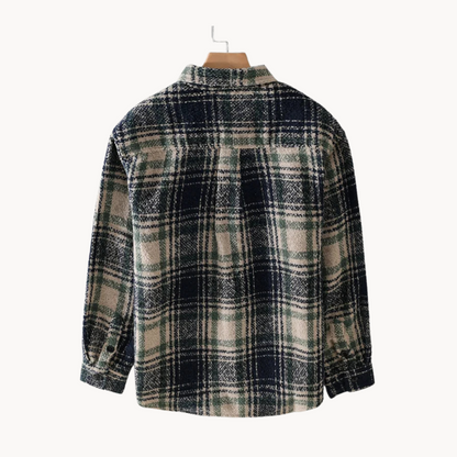 Men’s fall flannel plaid shirt, comfortable fit, and chest pocket.