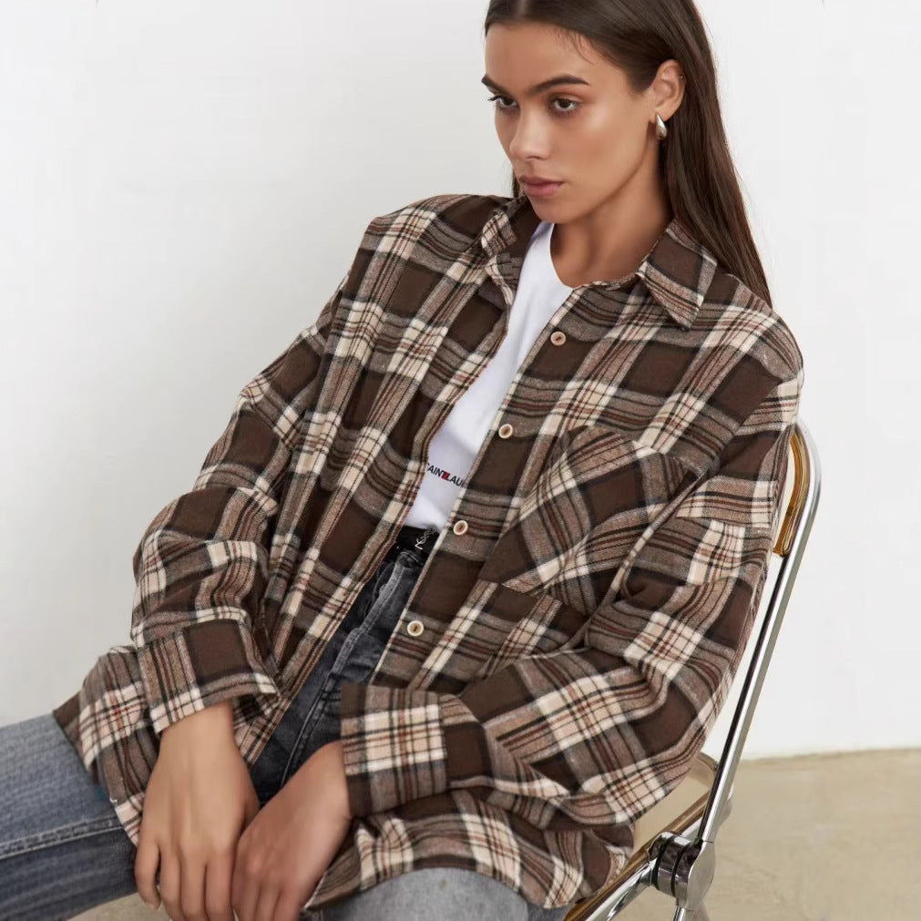 Women's Long Sleeve Shirt with Checkered Pattern and Turn-Down Collar