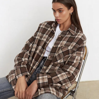 Women's Long Sleeve Shirt with Checkered Pattern and Turn-Down Collar