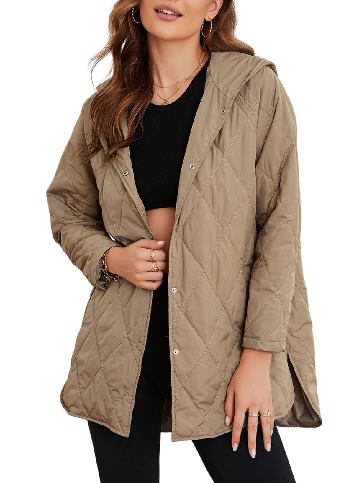 Women's Quilted Diamond Jacket with Hood and Front Pockets