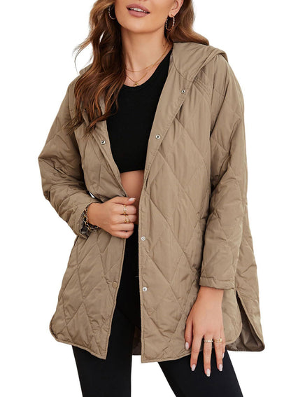 Women's Quilted Diamond Jacket with Hood and Front Pockets