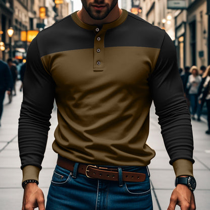 Men's Long Sleeve Henley Shirt with Color Block Design