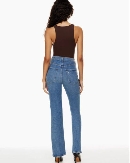 Women's High-Waisted Straight-Leg Denim Jeans with Rips