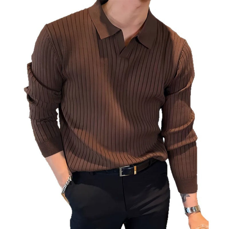Ribbet poloshirt til mænd med reverskrave og lange ærmer