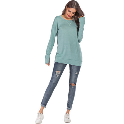 Jersey de mujer de manga larga con cuello redondo, ajuste holgado y color liso